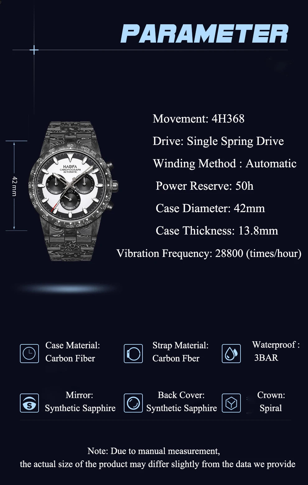 Haofa Watch for Men Full Carbon Fiber Chronograph Automatic Mechanical Watch Sapphire Waterproof Wristwatch Multifunction 2366-1
