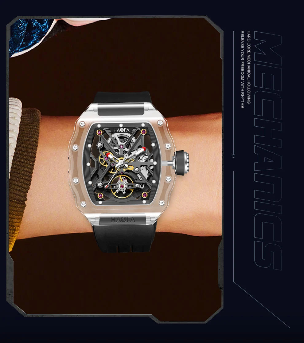 Haofa Transparent Crystal Glass Case Men's Watch Fully Automatic Mechanical Movement Luminous Fashion Watches For Man 2202