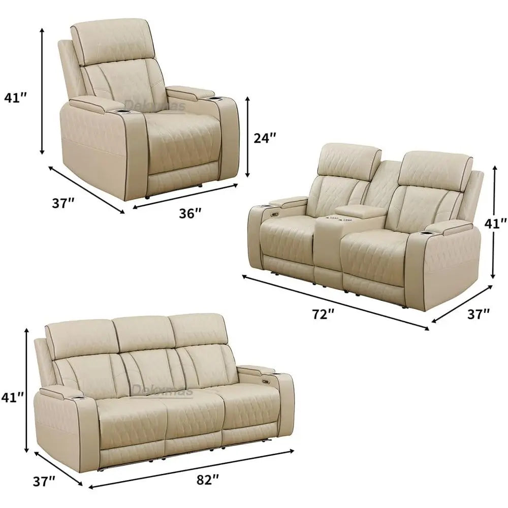 Beige Leather Power Reclining Chair Set, Sectional Sofa with Reclining and Storage, LED-lit Living Room Furniture
