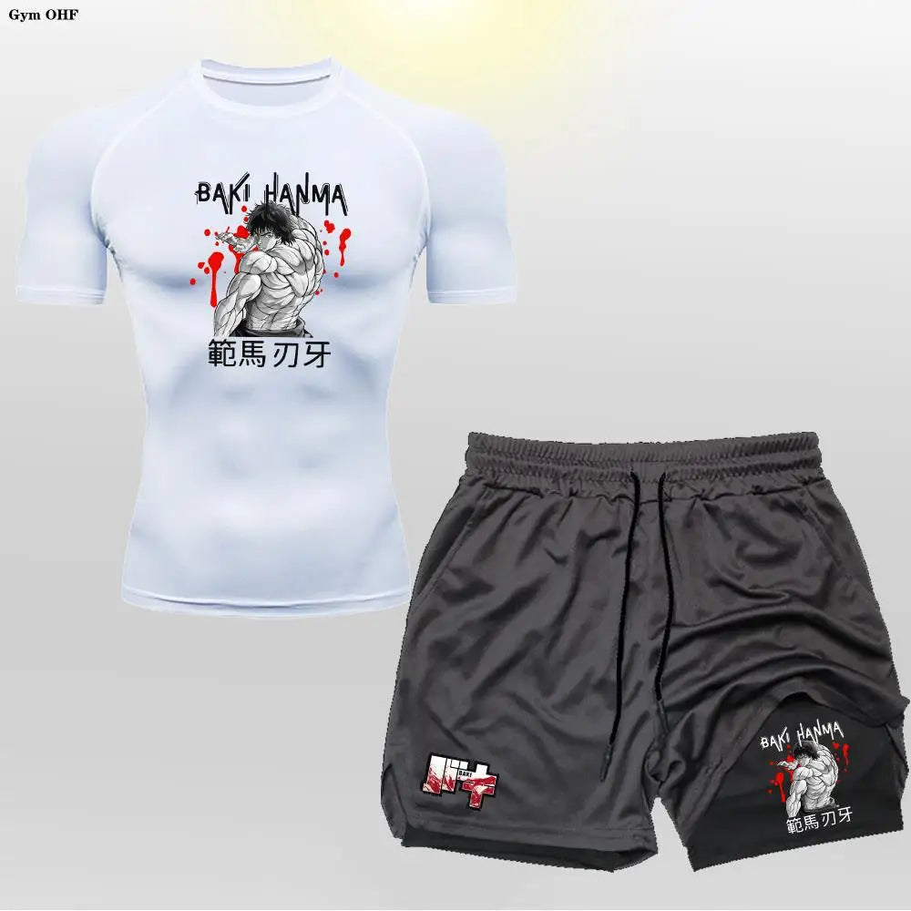 Anime Baki Sport Suits Runing Compression Shirt Shorts Sets Gym Fitness Jogging Training Rashguard Sportwear 2 in 1 Mens