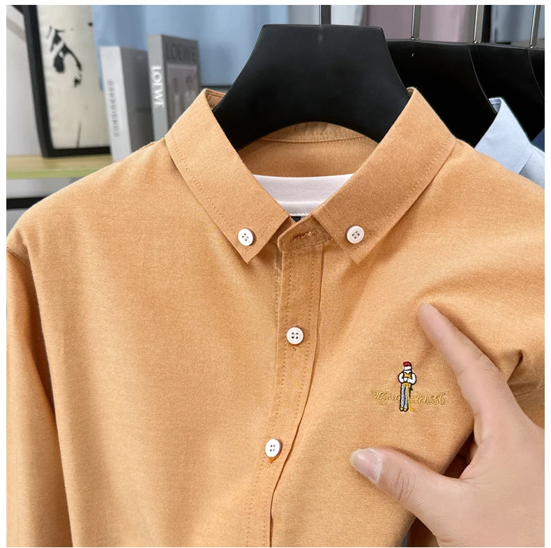 Light luxury fashion men's long sleeve shirt brand cartoon embroidery high-quality business casual solid color golf lapel top