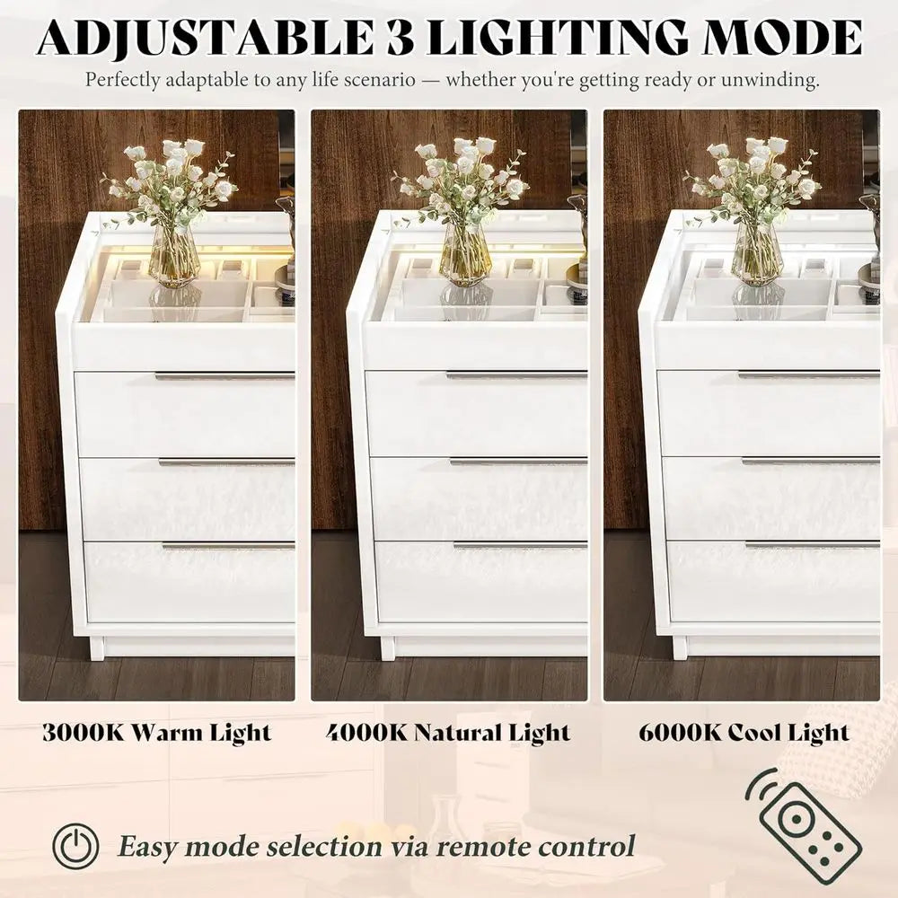 3-Piece High Gloss White Bedroom Set with LED Dresser, 8-Drawer Storage, 2 Charging Nightstands