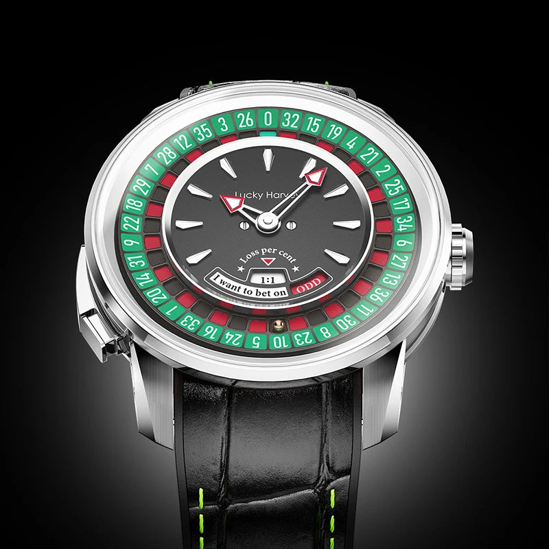 Lucky Harvey Player Series Mechanical Watches for Men European Roulette Game Dial Automatic Movement Funny Design Party Watch