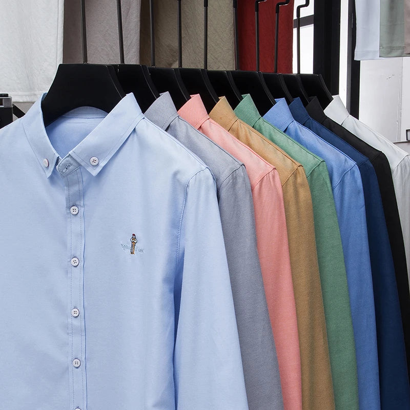 High end brand men's long sleeve shirt fashion cartoon embroidery comfort silk cotton solid color luxury golf casual lapel top