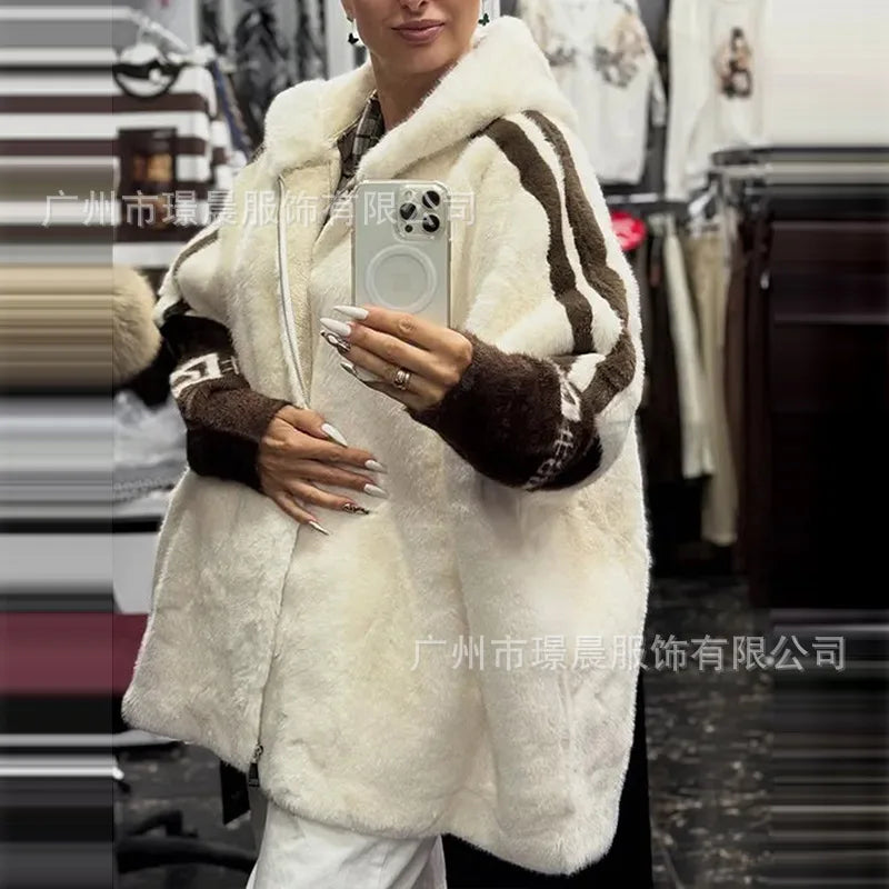 Casual Warm Plush Women's Coat Fashionable Zipper Cardigan With Baton Sleeves Loose Hooded Coat Autumn Winter New Commuting Wear