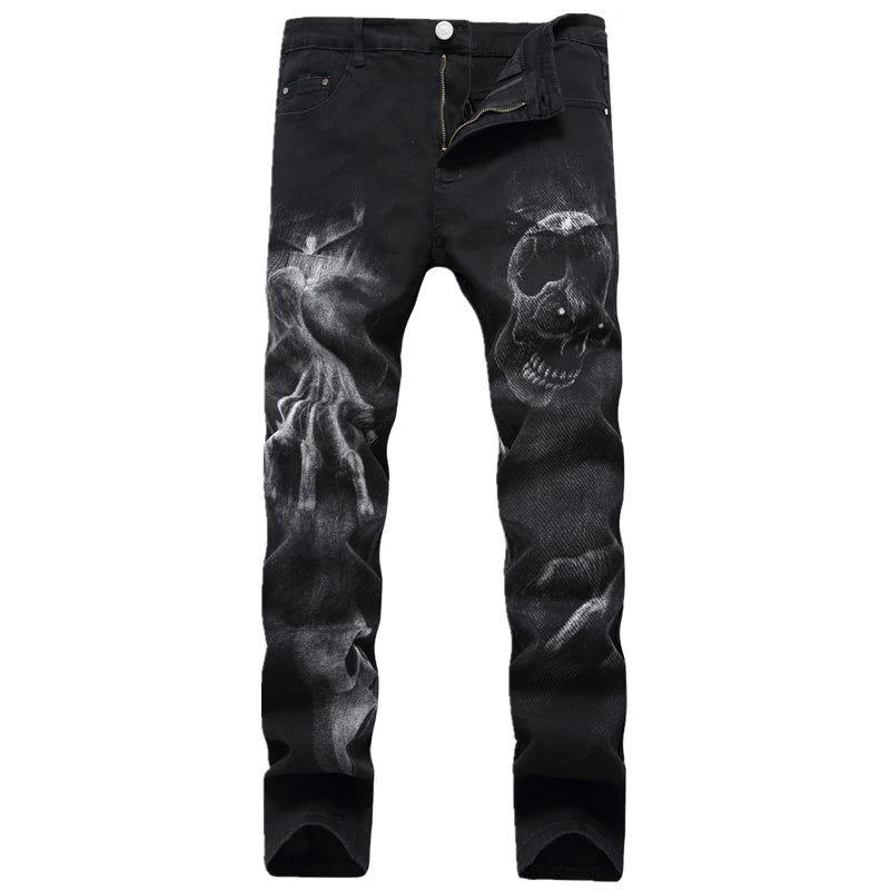 2026 Men's Blue 3D Printing Jeans, Black Wolf Pattern Printed Punk Straight Cotton Casual Print Denim Pants Asian Size 28-42