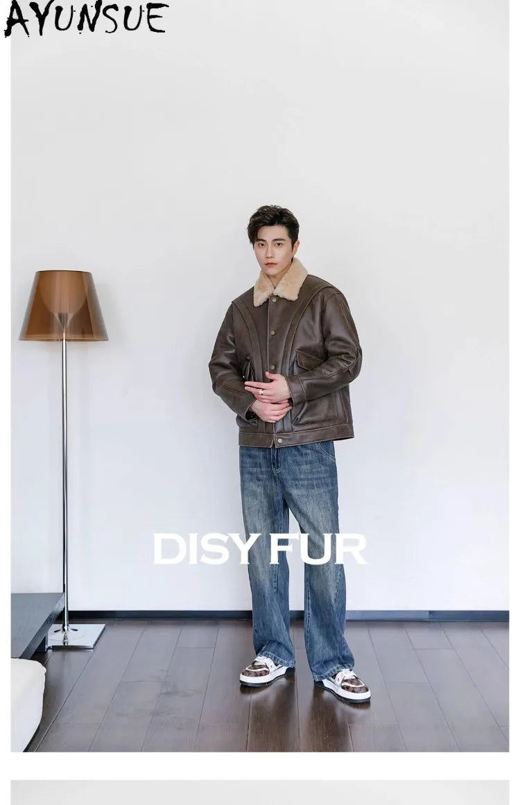 AYUNSUE Natural Sheepskin Fur Coat Men Autumn Winter New Short Real Wool Man Vintage Leather Jacket Motorcycle Fur Coats Jackets
