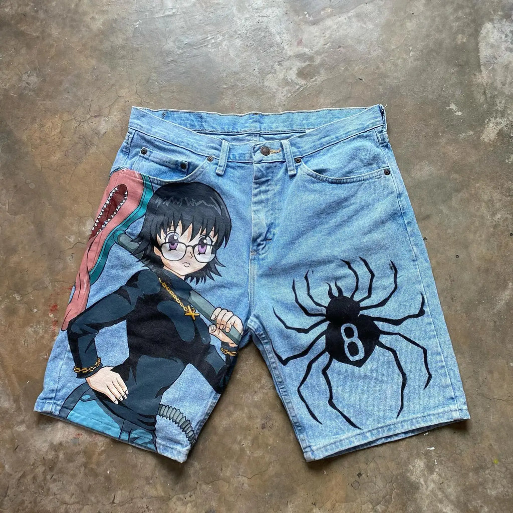 Japan Cartoon Anime Characters Graphic Print Hip Hop Denim Shorts Y2k Harajuku Retro Straight Jorts Streetwear Men Women Shorts