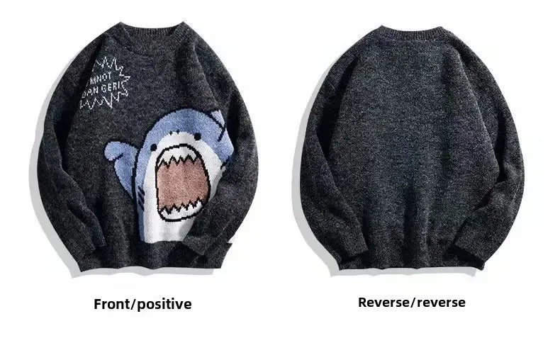 Autumn/Winter Japanese Cartoon Shark Round Neck Couple Sweater Men's Trendy Brand Loose-Fit Korean Knitted Top Hong Kong Style