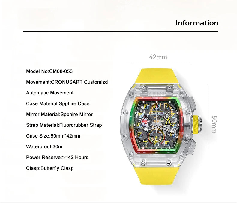 CRONUSART Men Chronograph Watch Tonneau Mechanical Wristwatch Sapphire Case Luminous Fluororubber Strap Christmas Limied Edition