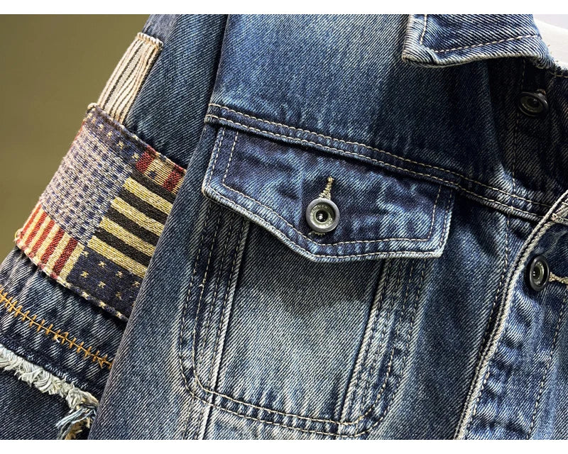 Streetwear Fashion Men Jacket High Quality Retro Blue Patched Designer Ripped Denim Jacket Men Coats Hip Hop Chaquetas Hombre