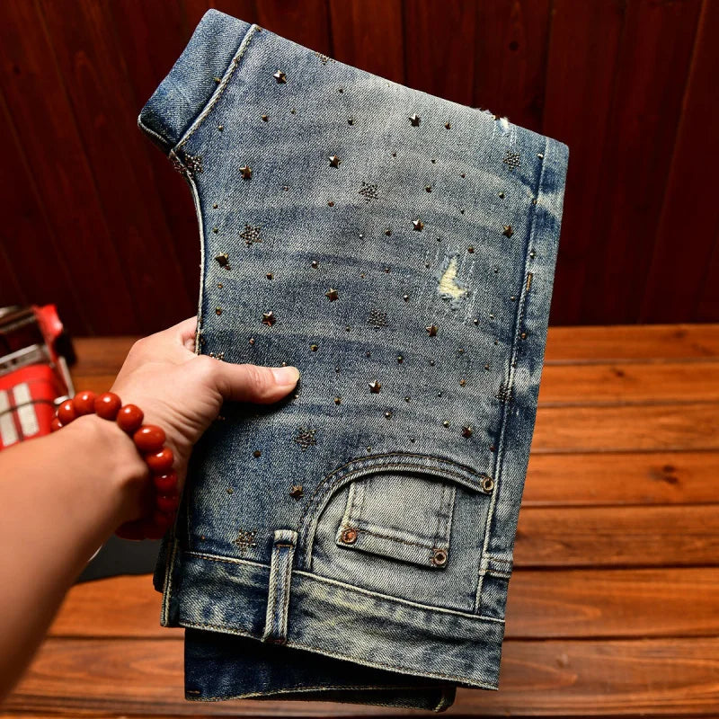 Fashionable light luxury jeans with men's patch design trendy retro elastic ripped pants