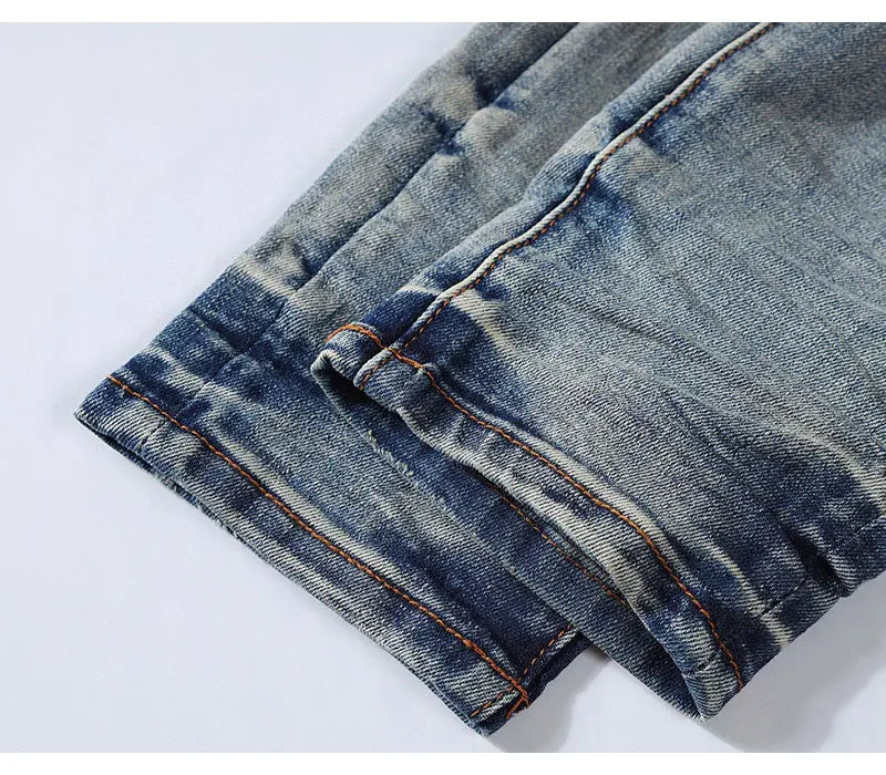 European and American designers fashion new men's jeans stretch slim fit retro light blue patchwork white patch jeans high stree