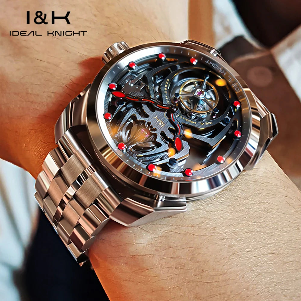 Ideal Knight Automatic Mechanical Watch for Men Hollow out Spider Design   Flywheel Movement Sapphire Mirror Men's Watches