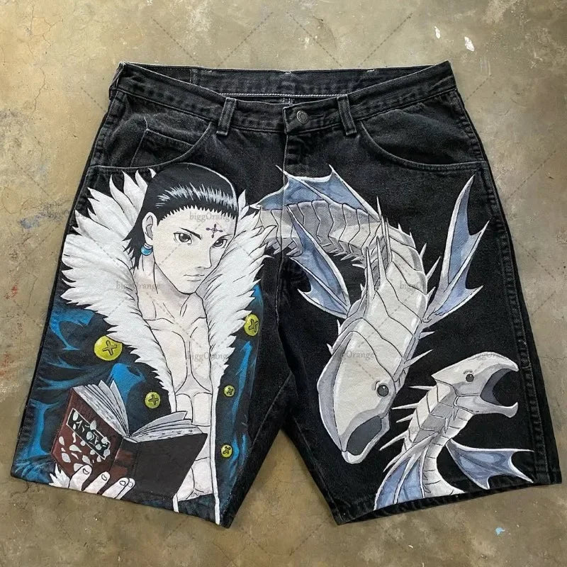 Retro American Trendy Streetwear Y2K Harajuku Anime Printed Denim Shorts Men Gothic Hip-hop Punk Loose Casual Straight Pants
