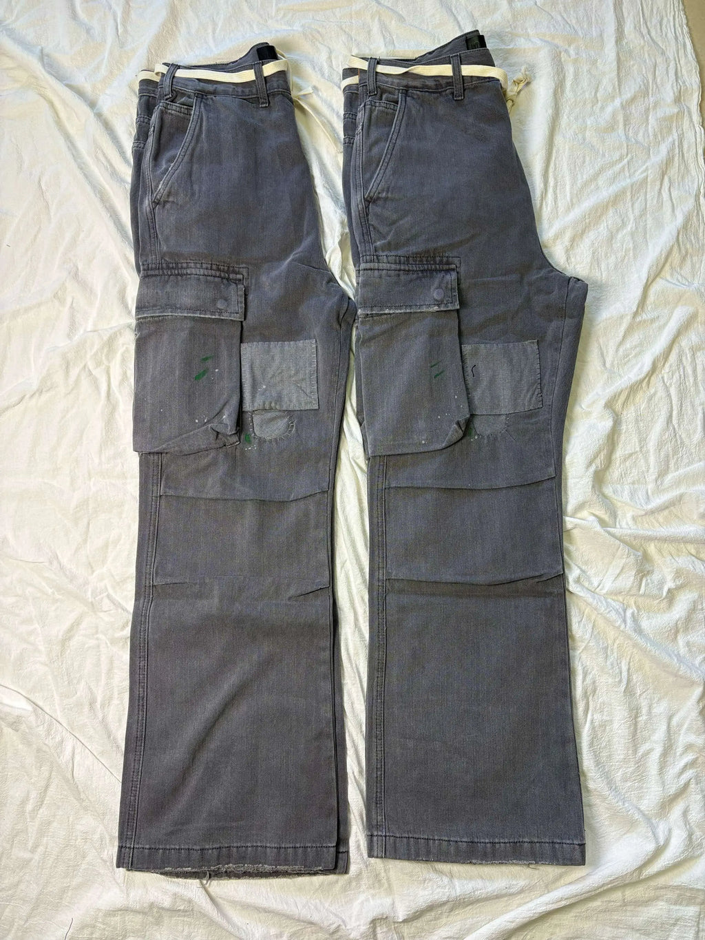 No faith studios herringbone twill grey ripped patch paint multi-pocket overalls