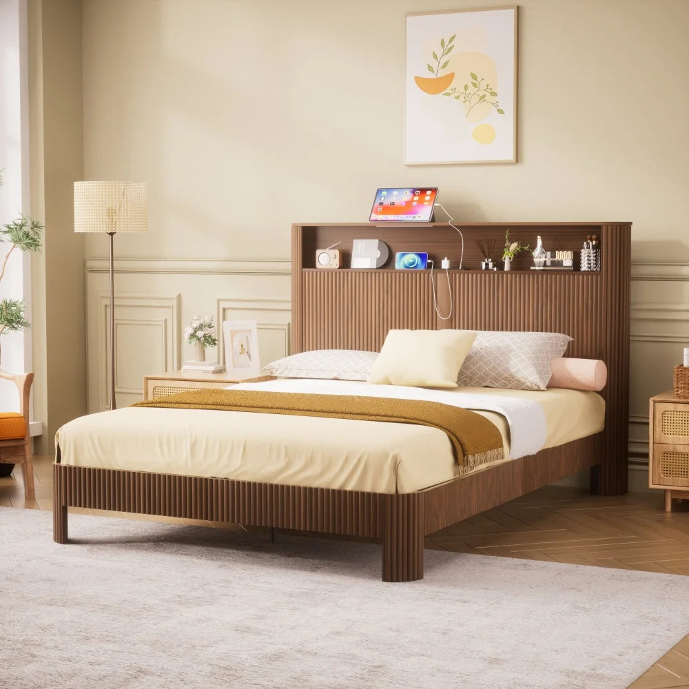 Queen-size slatted bed frame with storage, built-in charging ports, wave-shaped design, and metal support structure, Walnut