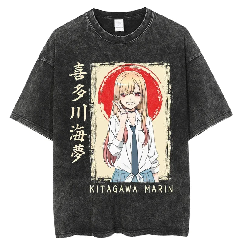 2025 My Dress Up Darling Harajuku T Shirt Men Hip Hop Vintage Washed Anime Oversized Streetwear 100% Cotton