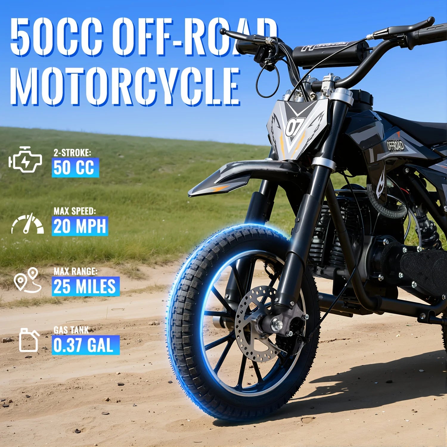 50CC Dirt Mini Bike: A Gas-powered, 2-stroke Off-road Motorcycle With A 20 Mph Top Speed And 25-mile Range. It Includes Pull-sta
