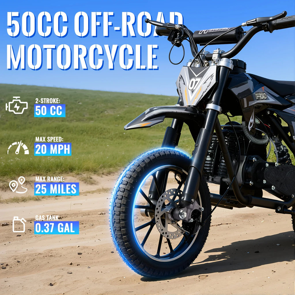 50CC Dirt Mini Bike: A Gas-powered, 2-stroke Off-road Motorcycle With A 20 Mph Top Speed And 25-mile Range. It Includes Pull-sta