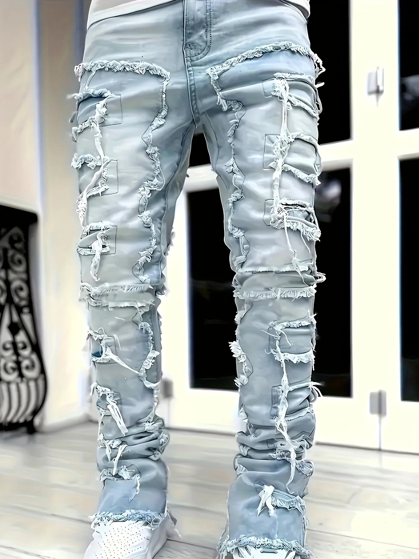 2026 New Men's Straight-Leg Jeans, Street Fashion Stretch Casual Jacquard Denim, Hip-Hop Street Style Jeans