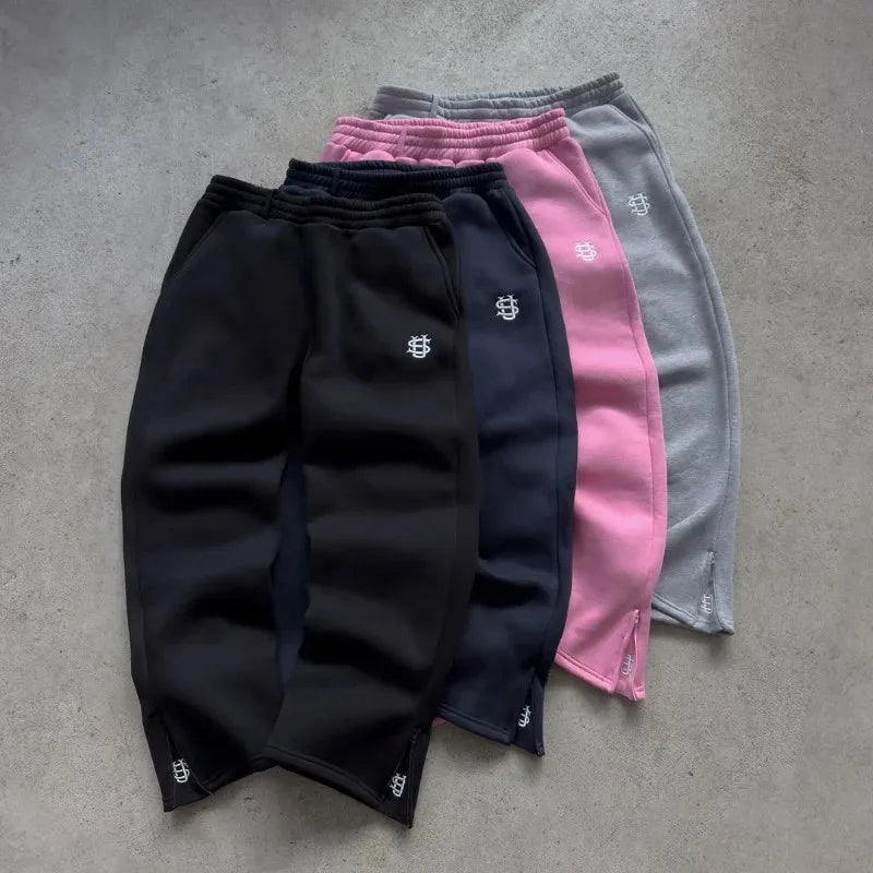 Y2k Retro Loose Straight Baggy Pants Men Tracksuit Pants Unisex Sweatpant Women Zip Embroidery Hip Hop Harajuku Casual Pant Goth