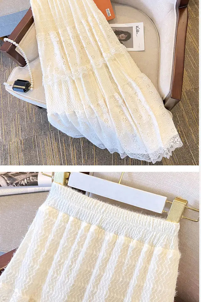 Lace Skirts Women French Style Ankle-length High Elastic Waist Hollow Out Patchwork New Loose Slim Korean  A-line Sweet Fit