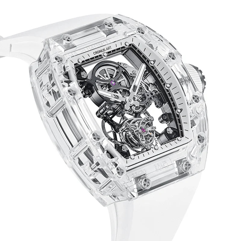 CRONUSART Men Tourbillon Watch Luxury Tonneau Automatic Mechanical Wristwatch Sapphire Case Luminous Fluororubber Strap Skeleton