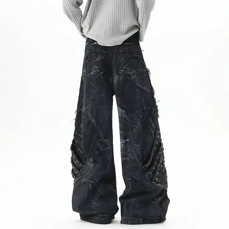 High Street Men's Denim Trousers Patchwork Contrast Color Drawstring Raw Edge Dirty-dying Worn-out Male Jeans New