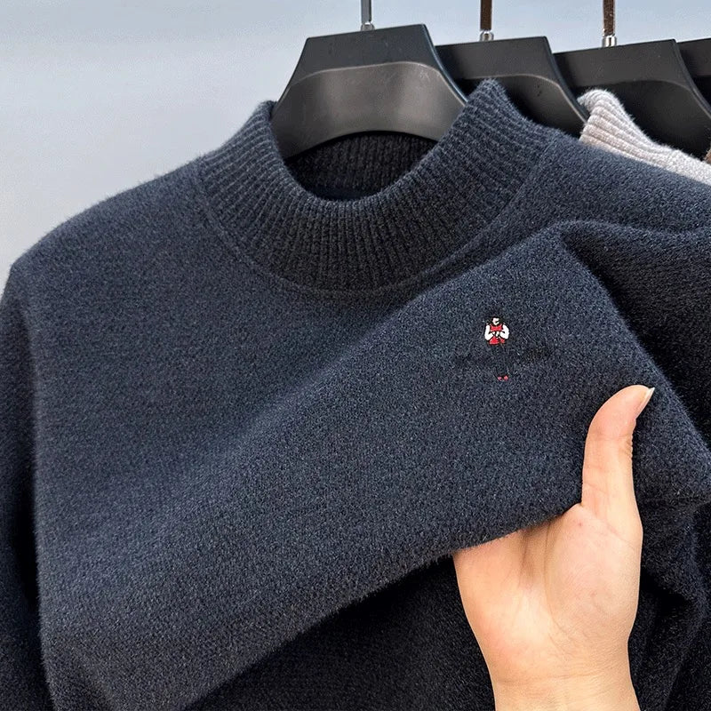 Light luxury brand round neck sweater knitted plush thicken warm pullover cartoon character embroidery fashion golf men's wear