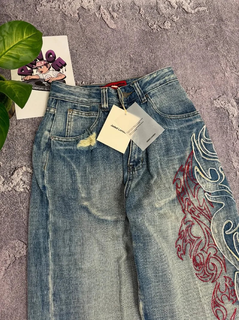 Y2K Embroidered Baggy Jeans Women Rock Hip Hop Retro Popular Casual High Waist Wide Leg Pants Streetwear New Fashion Big Pattern