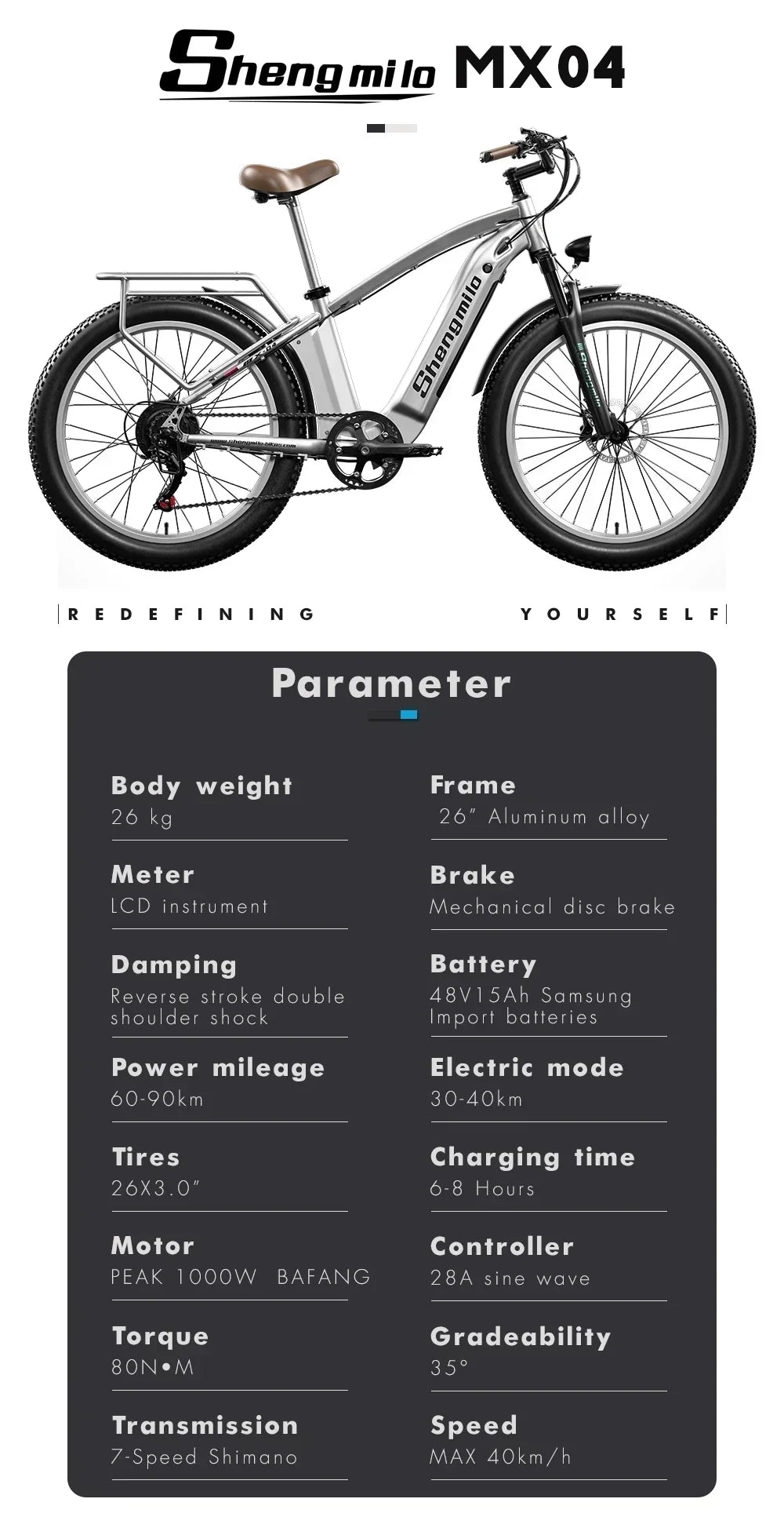 Electric bicycle Shengmilo MX04 1000W Motor 48V 15AH lithium battery Electric Bike 26inch Fat Tire Mountain Off-Road Snow E-bike