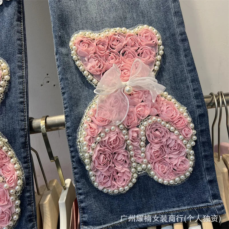 American Style Heavy Beaded Letter Cartoon Anime Elastic Waist Wide Leg Jeans Versatile Casual Full Length Trousers For Women