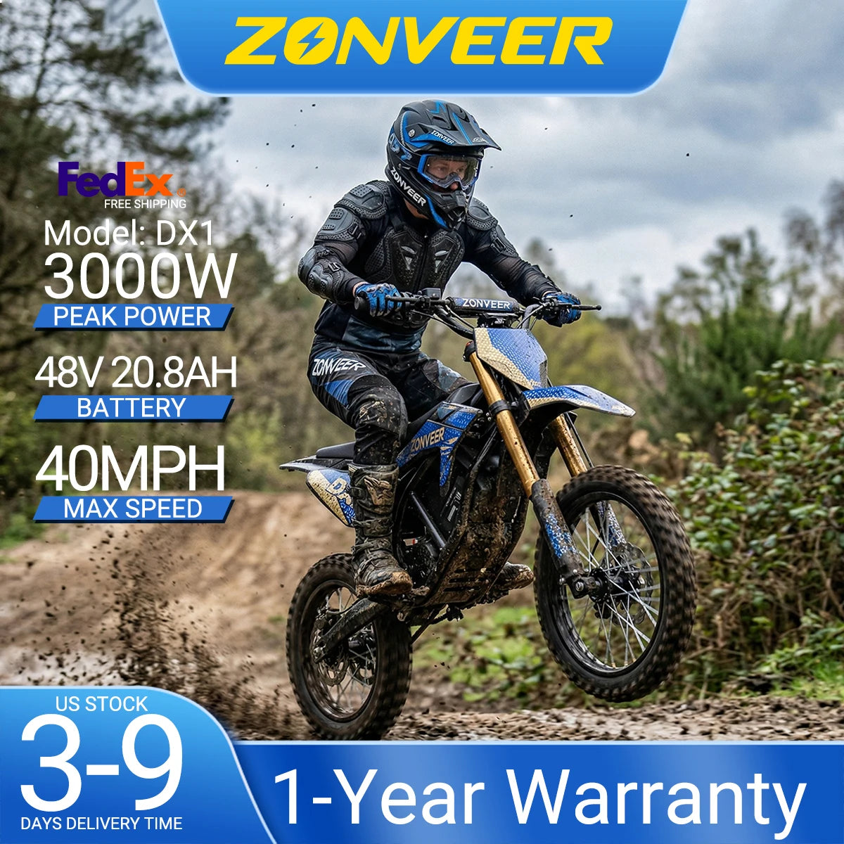 Zonveer DX1 3000W Peak Electric Dirt Bike for Adults, 998.4WH Battery, 40MPH Off-Road Electric Motorcycle, Hydraulic Brakes