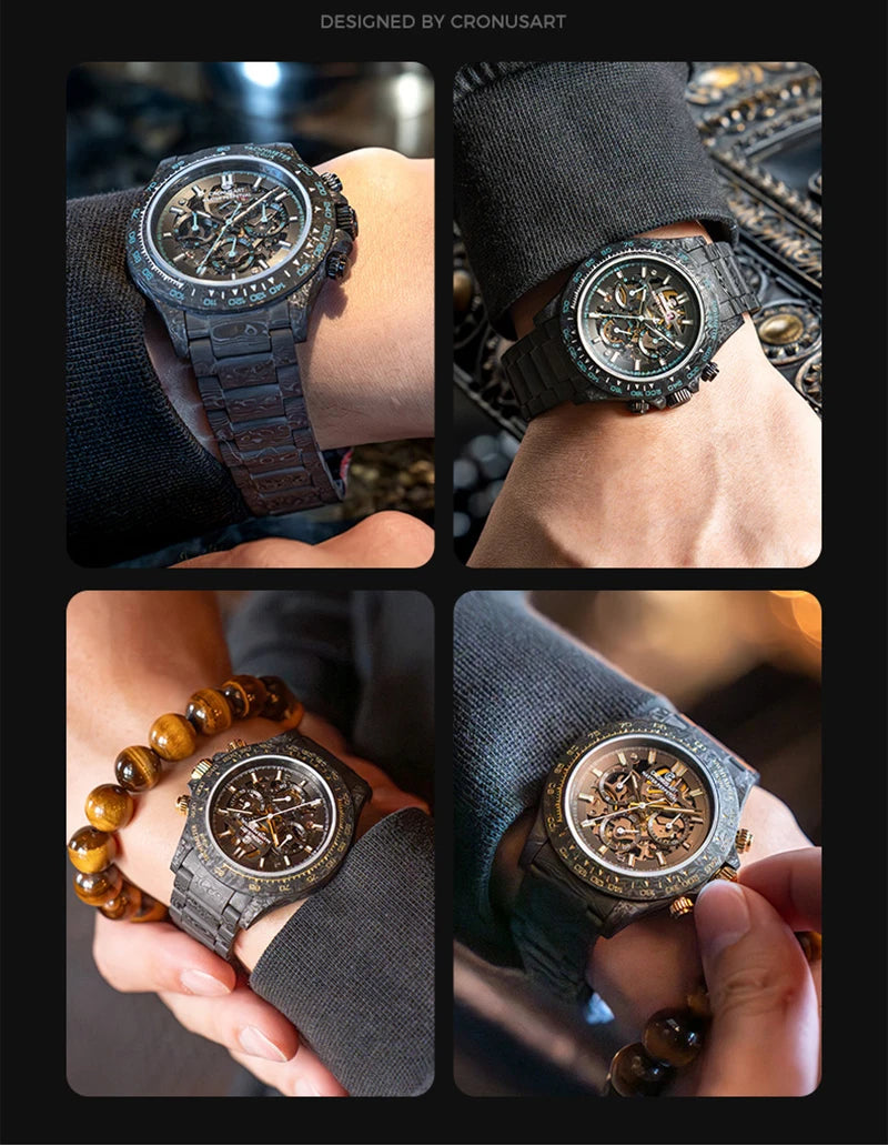 CRONUSART Men Chronograph Watch 42mm Automatic Mechanical Wristwatch Carbonfiber Case & Bracelet Luminous Sapphire Skeleton Dial