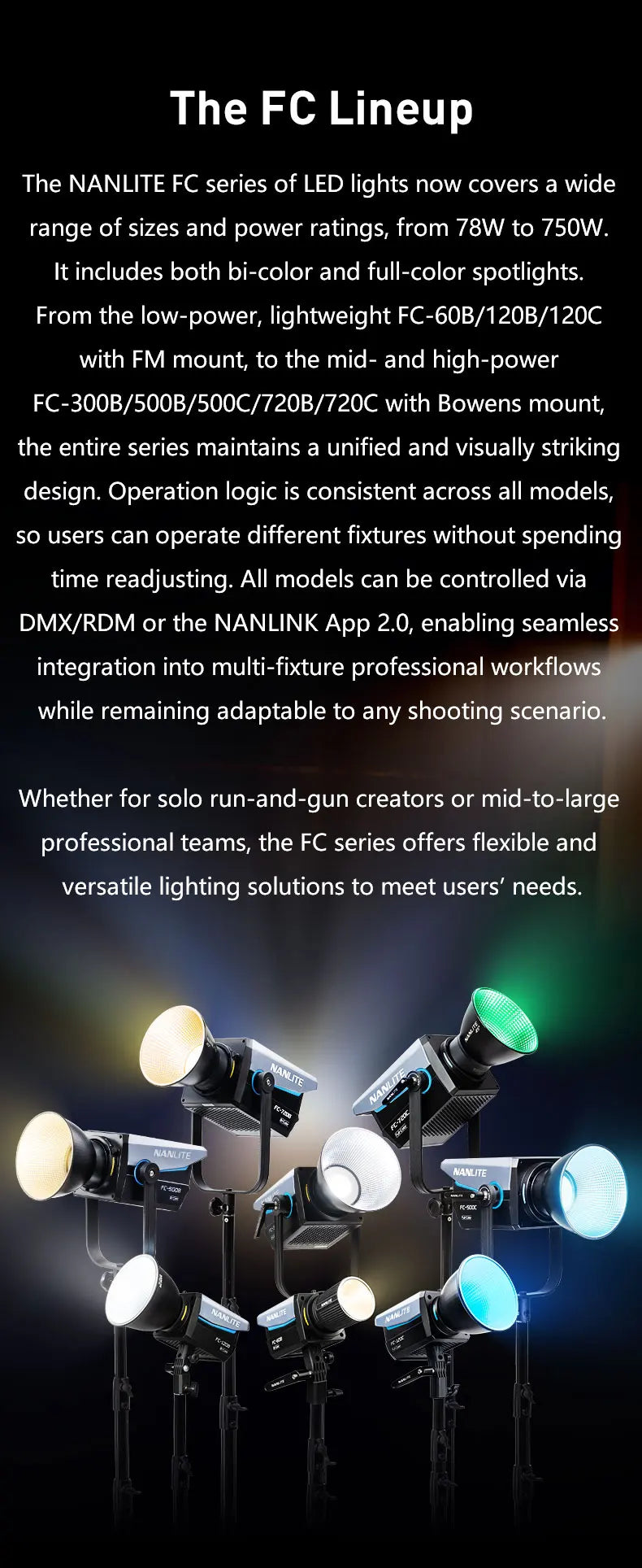 Nanlite FC-720B FC-720C LED Spotlight Wide CCT Range High Color Accuracy Built-in Special Effects for Filmmaking Video Studio