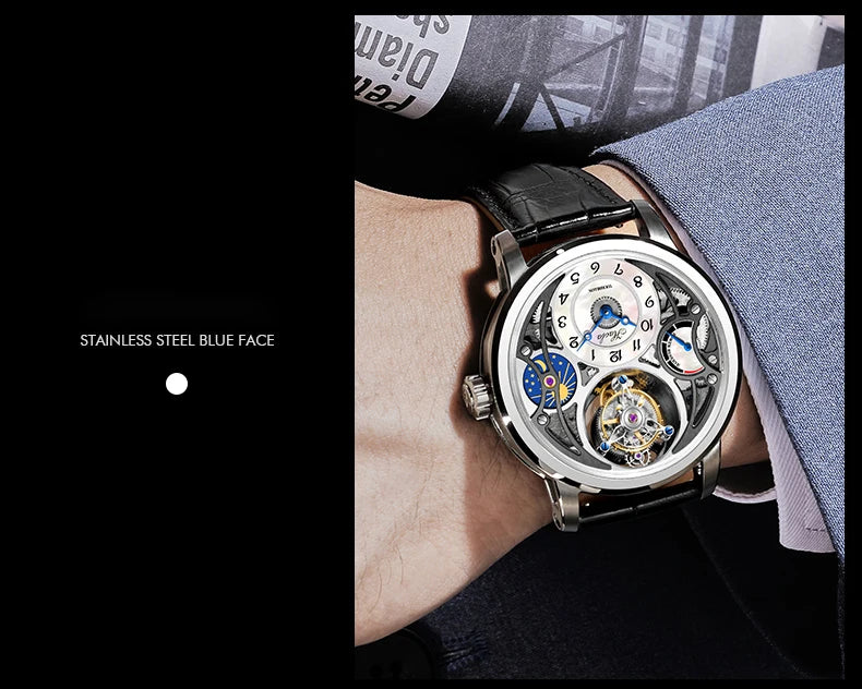 Haofa Manual Tourbillon Watch for Men Moonphase Energy Display Dial Skeleton Movement Sapphire Mechanical Wristwatches 1939