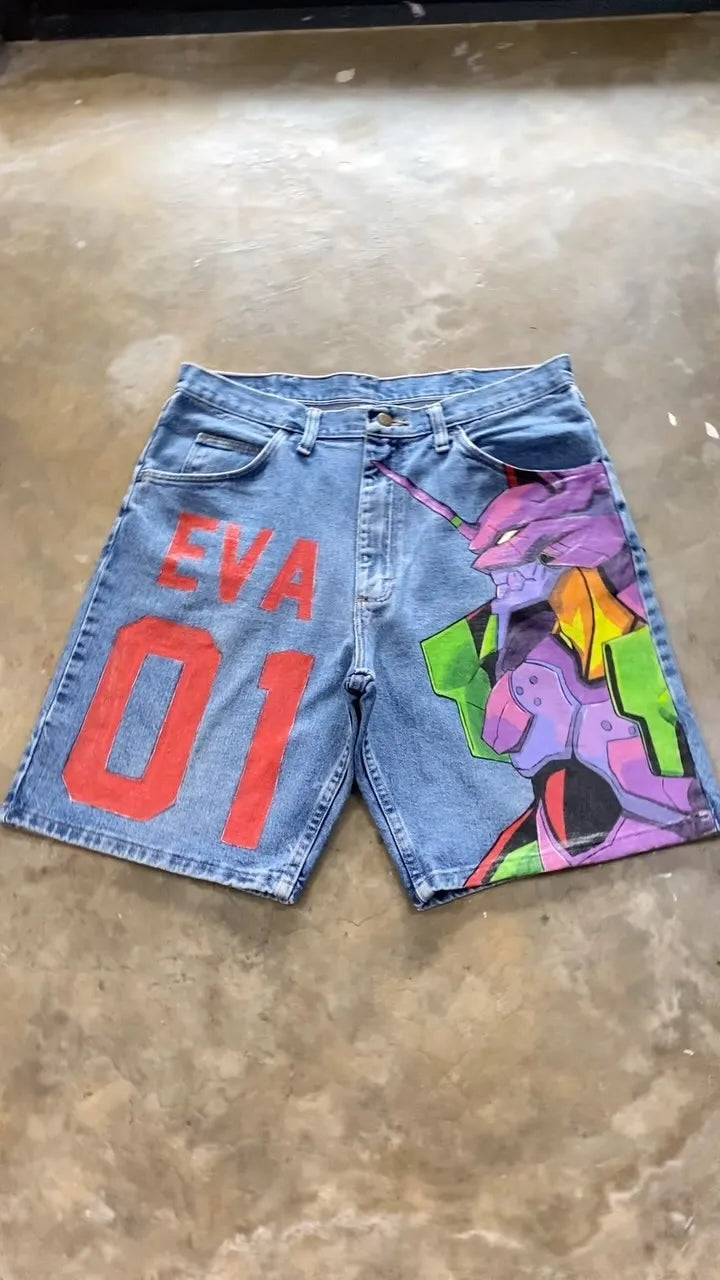 Japan Cartoon Anime Characters Graphic Print Hip Hop Denim Shorts Y2k Harajuku Retro Straight Jorts Streetwear Men Women Shorts