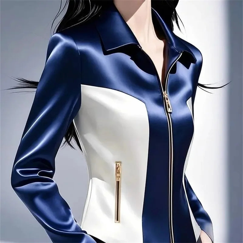 Contrast Satin Jacket Women's 2025 Early Spring Summer New Shirt Female High Quality Western-Style Waist Coat Zipper Tops Ladies