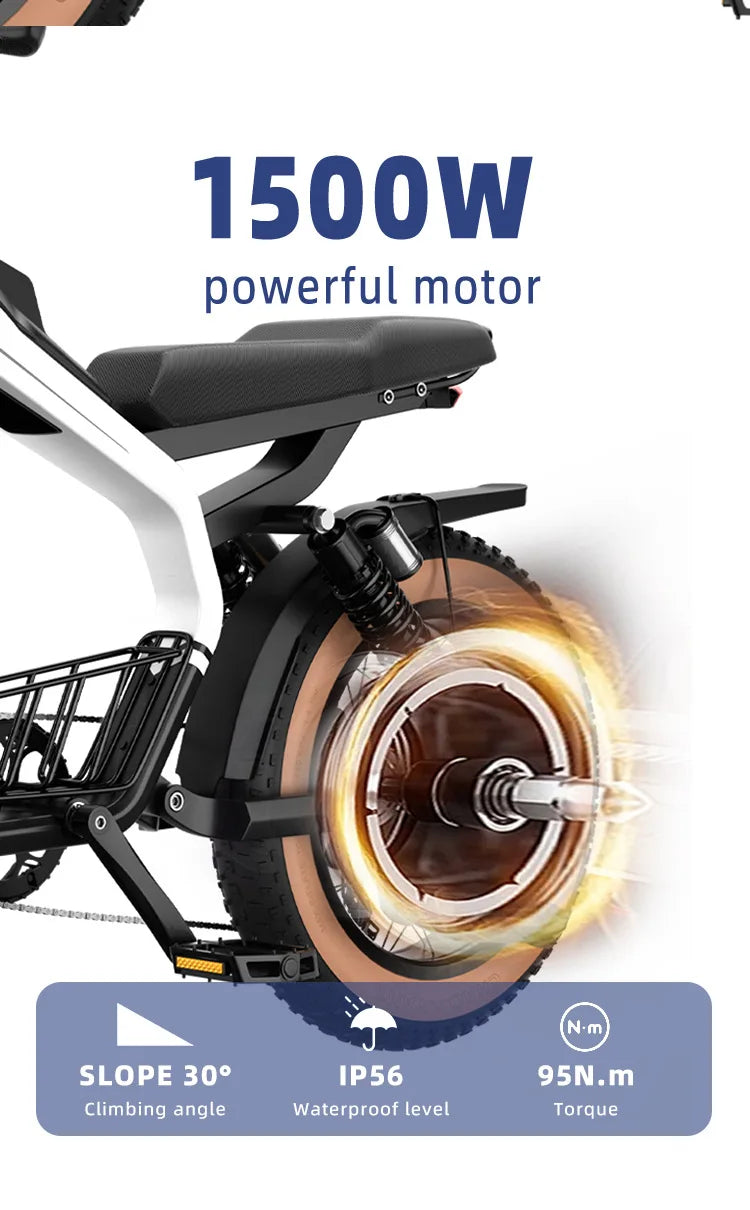 E-Bike 1500W Motor 52V20AH All-terrain Fully Suspended Off-road Motorcycle Electric Bike 20*4.0-inch Fat Tire  Electric Bicycle