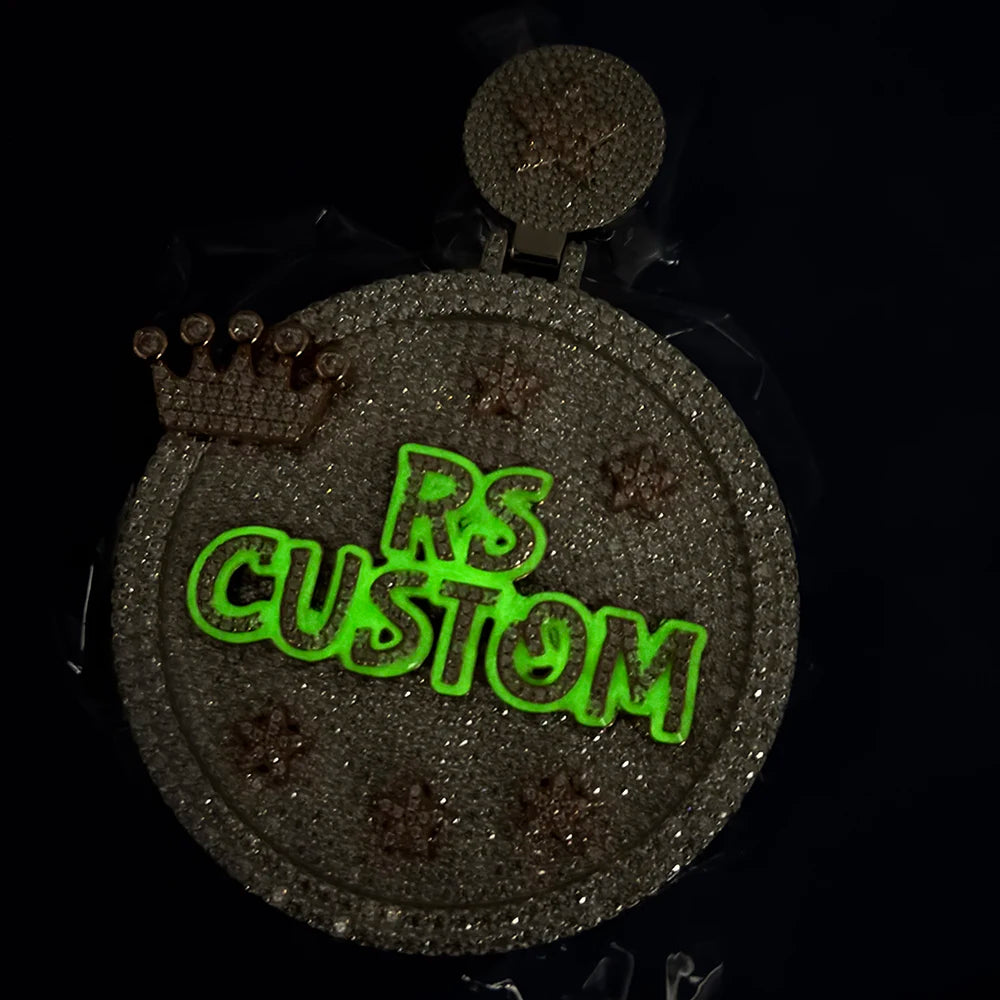 HHIOK Custom 60mm Charm Crown Star Green Night Glow Enamel Letter Moissanite Pendant Necklace 925 Sterling Silver Jewelry