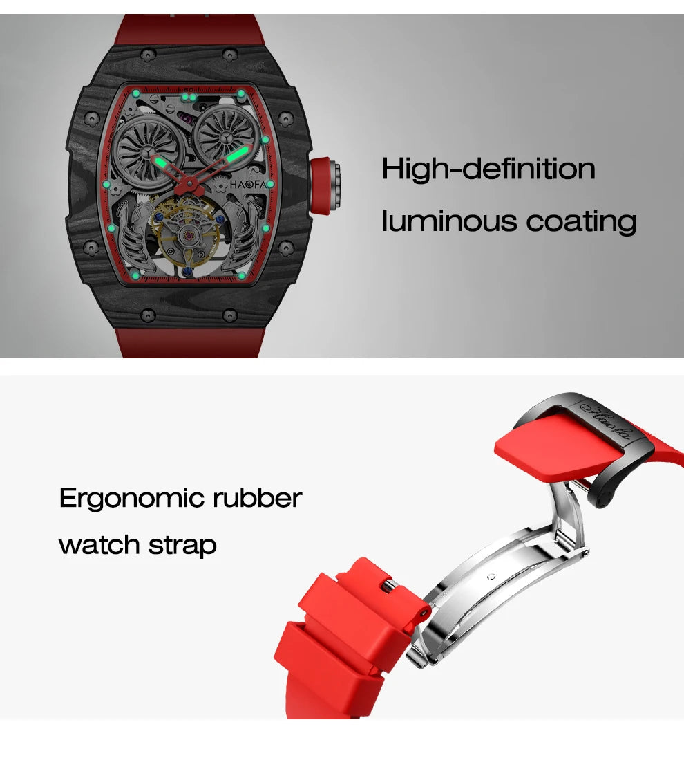 Haofa Double-Spring Drive Flying Automatic Tourbillon Man Watch Mechanical Tourbillon Carbon Fiber Men's Watch Skeleton 1922
