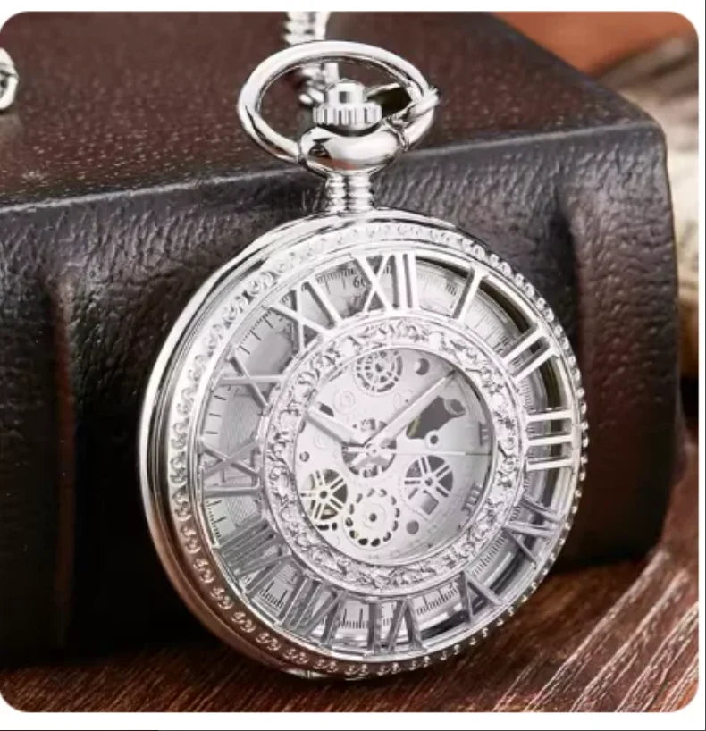 10pcs/lot Hollowed Silver Roman Numerals Case  Mechanical Pocket Watch with Chain  Pocket Watches Men Steampunk Gift Watches