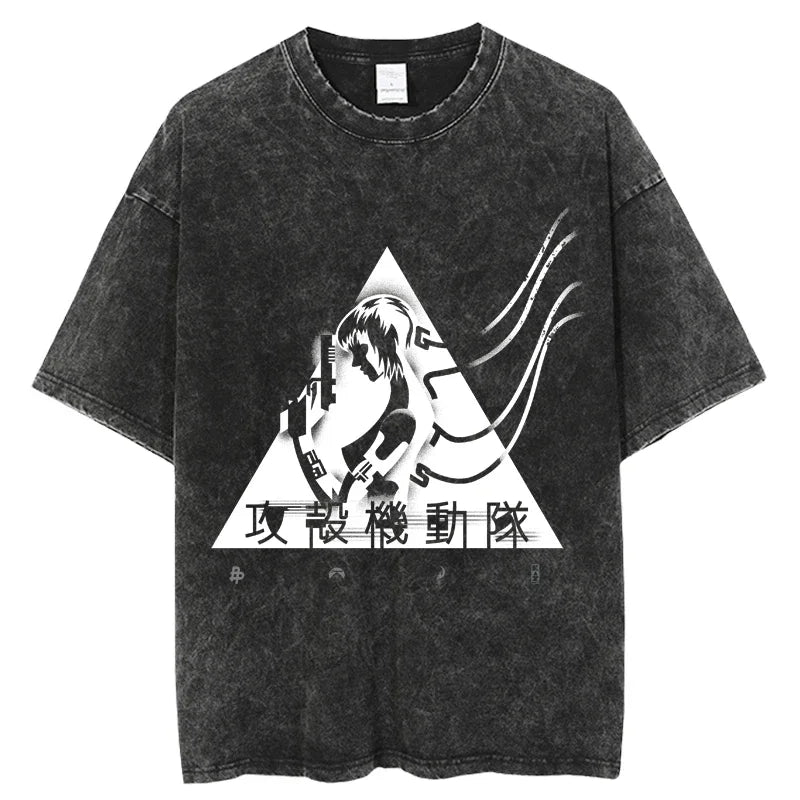 2024 Anime Ghost in the Shell Washed T-shirts Mens Clothing Graphic Manga Harajuku Tees Unisex Summer Top Male Streetwear