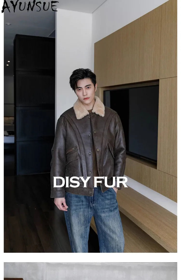 AYUNSUE Natural Sheepskin Fur Coat Men Autumn Winter New Short Real Wool Man Vintage Leather Jacket Motorcycle Fur Coats Jackets