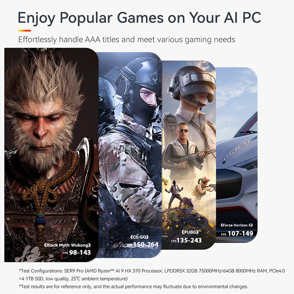 Beelink SER9 Pro AMD Ryzen AI9 HX370 Powerful AI PC 32G DDR5 1T NVME SER10 Max HX470 H255 Gaming PC PCIe4.0 SSD Desktop Computer