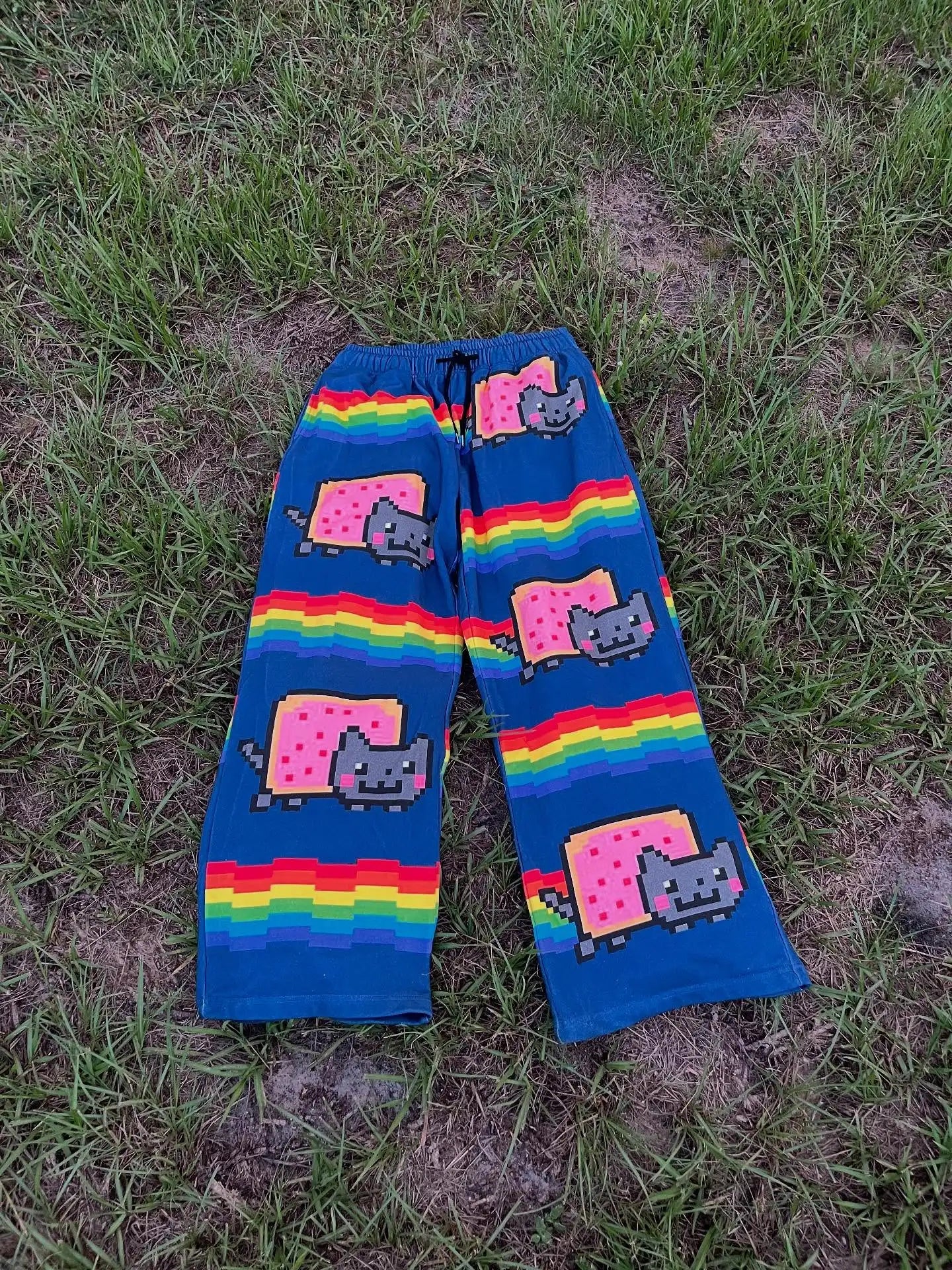 Rainbow Nyan Cat Pattern Y2K Loose and Versatile Wide Leg Pants American Street Dance Harajuku Style Elastic Men Jogging Pants