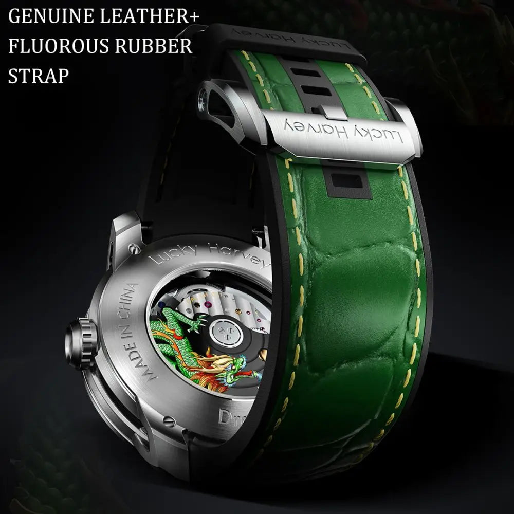 Lucky Harvey 3D Engraving Dragon Dial Automatic Mechanical Watches for Men Self-wind Movement Sapphire Waterproof Casual Watch