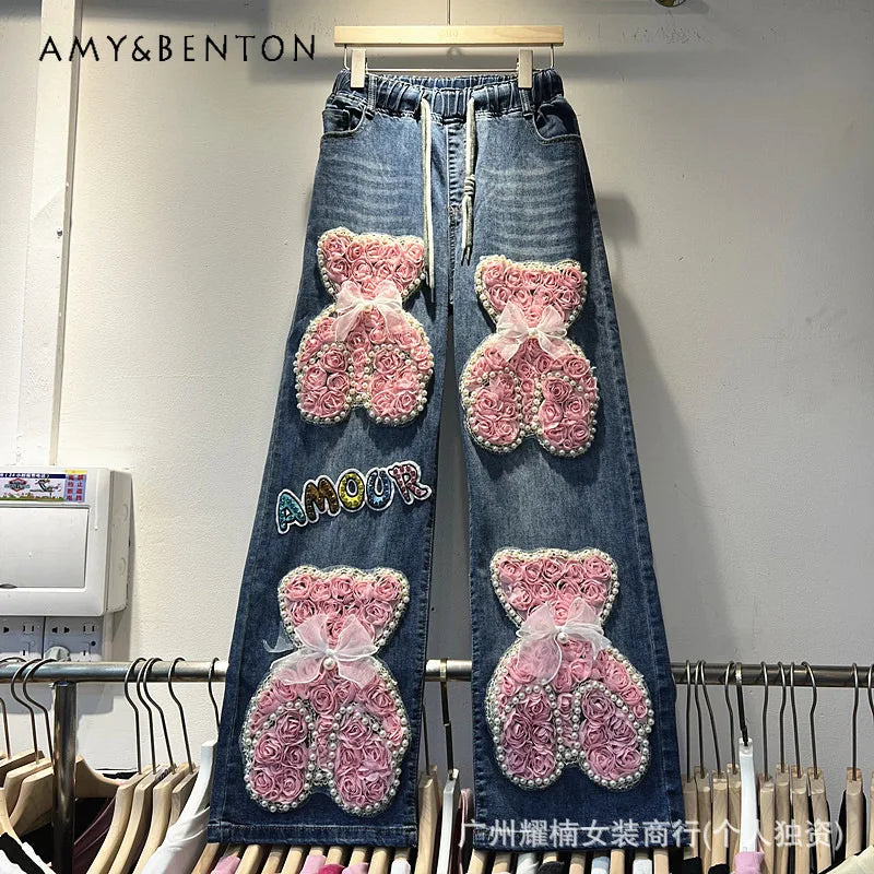 American Style Heavy Beaded Letter Cartoon Anime Elastic Waist Wide Leg Jeans Versatile Casual Full Length Trousers For Women