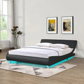 Faux Leather Bed Frame: LED (Remote+APP), Curve, Wood Slat, No Box Spring, Queen Black